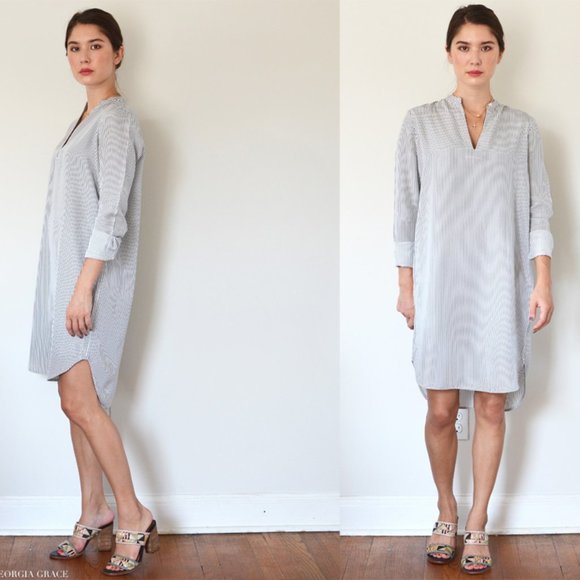 EVERLANE $130 00 XS Split Neck Silk Shirt Dress Tunic in Stripe - Picture 1 of 11